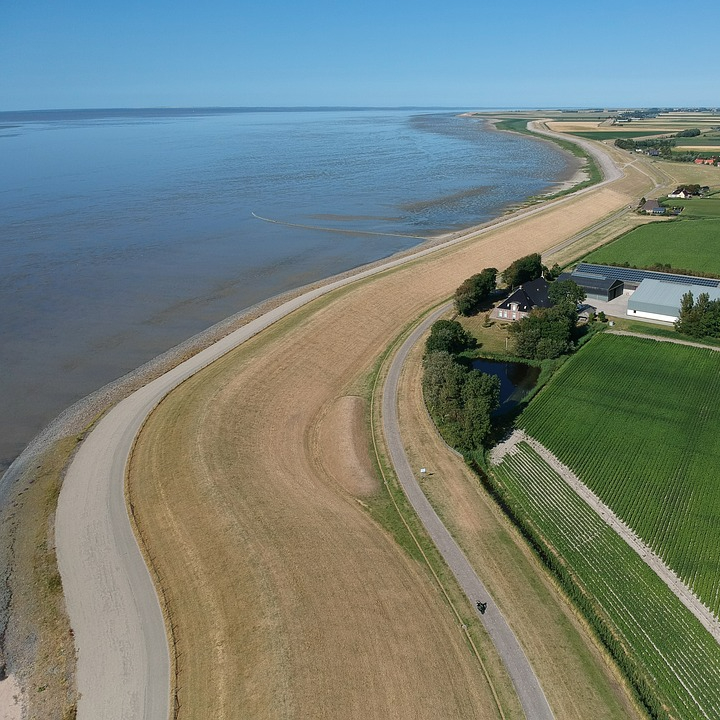 Wadden Sea dyke with sea and farms
